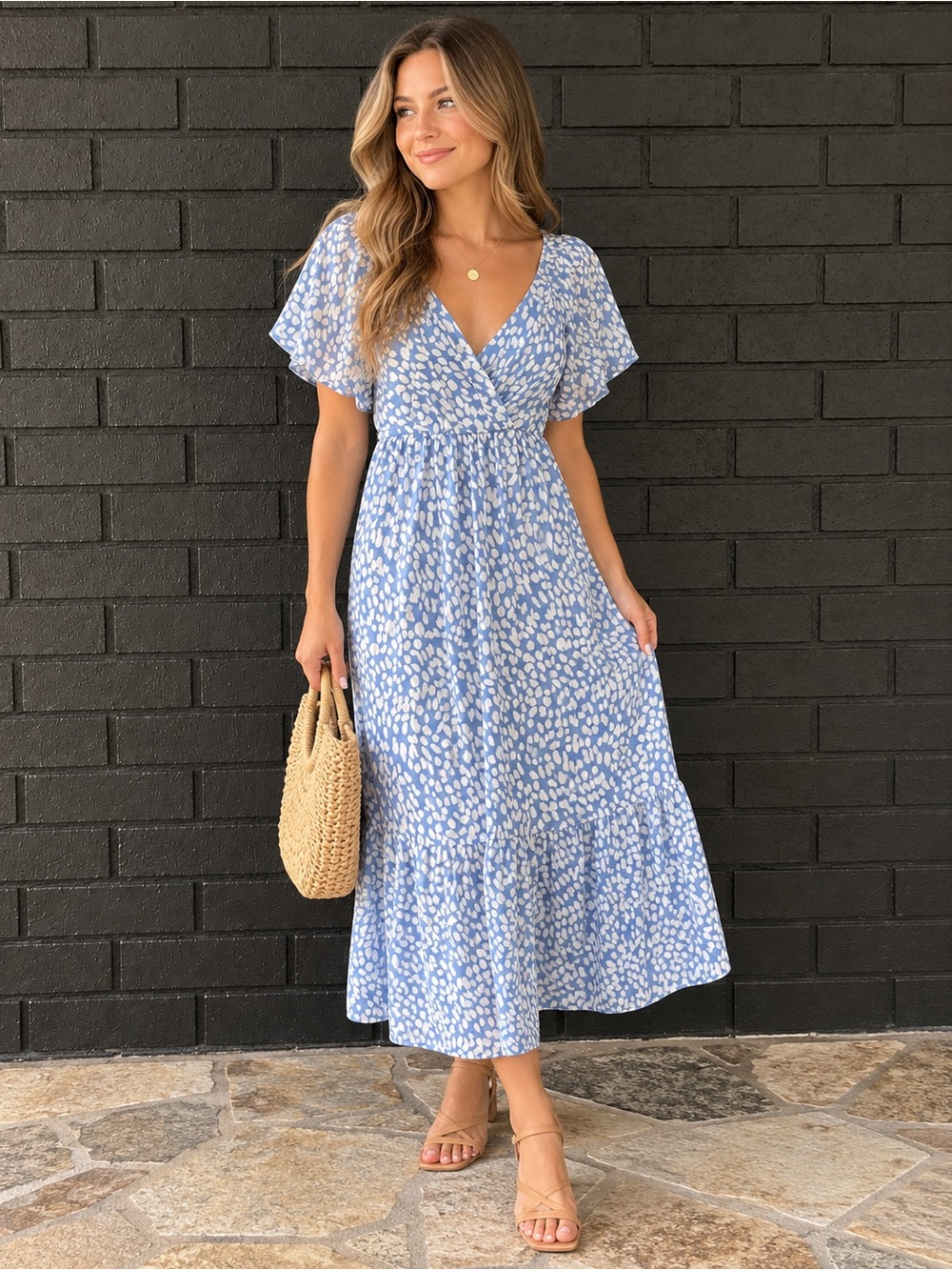 Fraiche by J Blue Floral Wrap Midi Dress with Flutter Sleeves Small